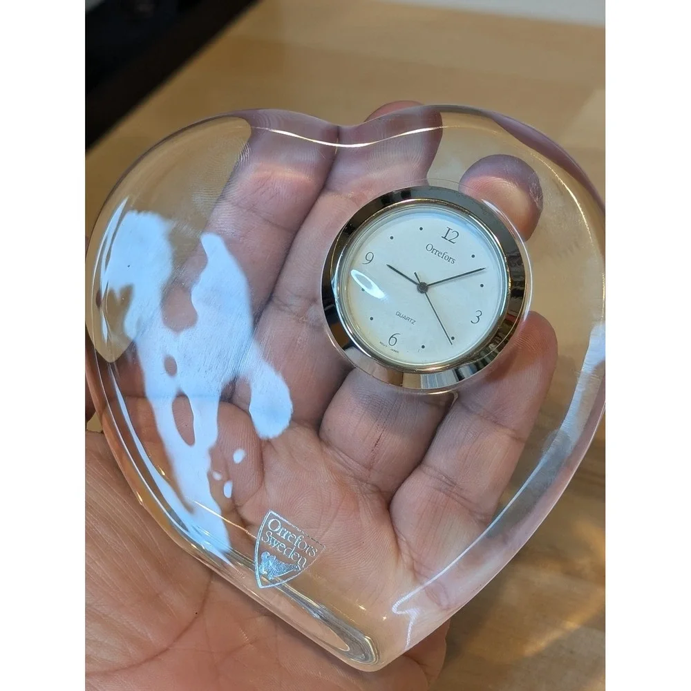 Orrefors Sweden Crystal Heart‎ Table Clock Quartz Desk Decor Valentine's Day E2
